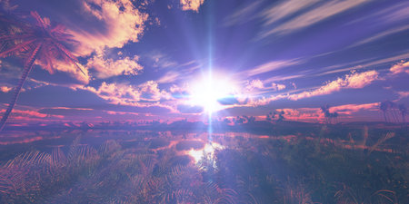 oasis sunset landscape background 3d render illustrationの写真素材