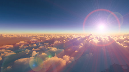 above clouds fly sunset sun ray illustration, 3d renderの写真素材