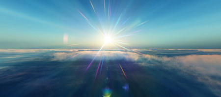 above clouds fly sunset sun ray illustration, 3d renderの写真素材
