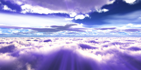 above clouds fly sunset sun ray illustration, 3d renderの写真素材