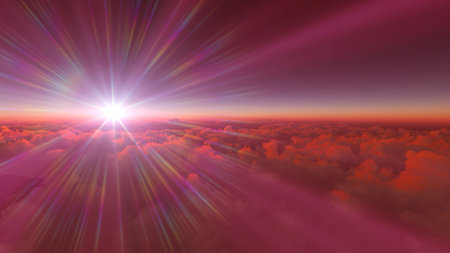 above clouds fly sunset sun ray illustration, 3d renderの写真素材