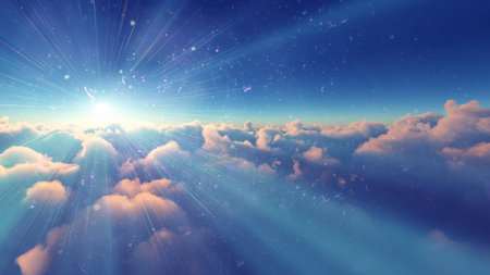 above clouds fly sunset sun ray illustration, 3d renderの写真素材
