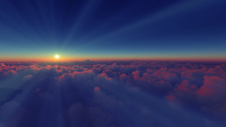 above clouds fly sunset sun ray illustration, 3d renderの写真素材