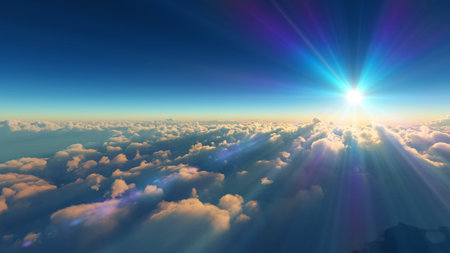above clouds fly sunset sun ray illustration, 3d renderの写真素材