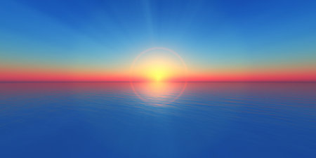 sunset horizon at sea illustration 3d renderの写真素材
