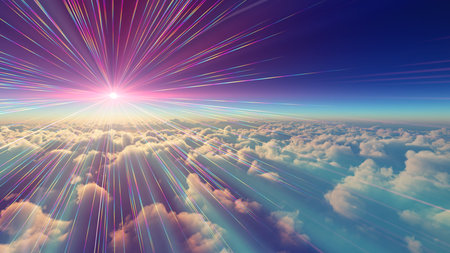 above clouds fly sunset sun ray illustration, 3d renderの写真素材