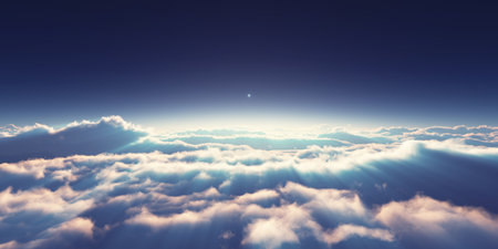 above clouds sunrise sun ray illustration, 3d renderingの写真素材