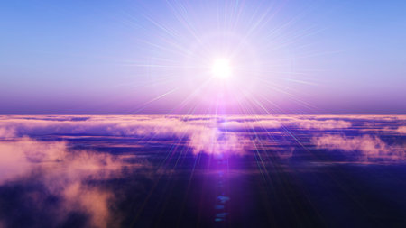 above clouds fly sunset sun ray illustration, 3d renderの写真素材