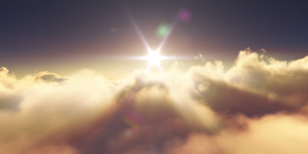 above clouds sunrise sun ray illustration, 3d renderingの写真素材