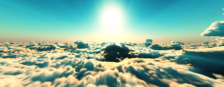 above clouds fly sunset sun ray illustration, 3d renderの写真素材