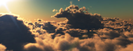 above clouds fly sunset sun ray illustration, 3d renderの写真素材