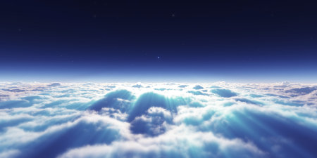 dream fly above clouds ray light, 3d rendering illustrationの写真素材