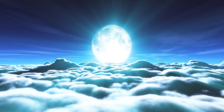 above clouds full moon illustration, 3d renderingの写真素材