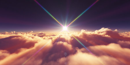 above clouds sunrise sun ray illustration, 3d renderingの写真素材