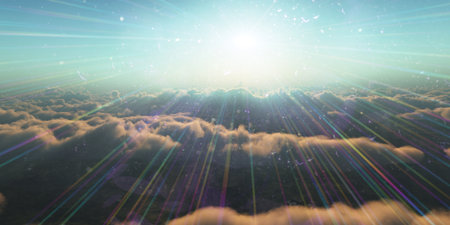 above clouds fly sunset sun ray illustration, 3d renderの写真素材
