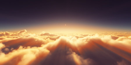 above clouds sunrise sun ray illustration, 3d renderingの写真素材
