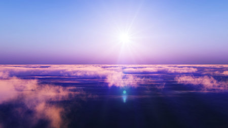 above clouds fly sunset sun ray illustration, 3d renderの写真素材