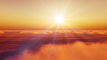 above clouds fly sunset sun ray illustration, 3d renderの写真素材