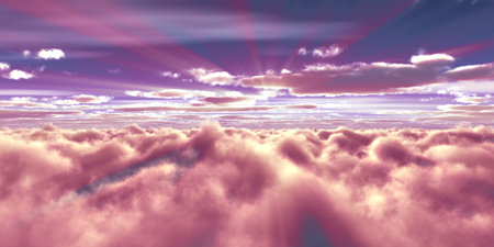 above clouds fly sunset sun ray illustration, 3d renderの写真素材