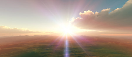 above clouds fly sunset sun ray illustration, 3d renderの写真素材