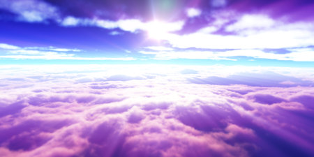 above clouds fly sunset sun ray illustration, 3d renderの写真素材
