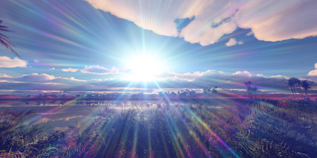 oasis sunset landscape background 3d render illustrationの写真素材