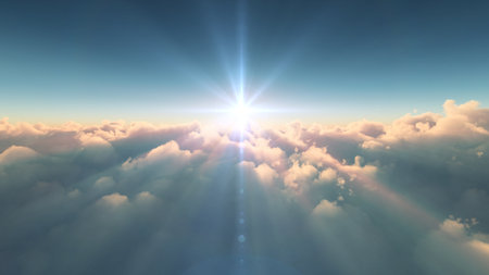 above clouds fly sunset sun ray illustration, 3d renderの写真素材