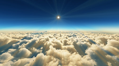above clouds fly sunset sun ray illustration, 3d renderの写真素材