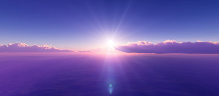 above clouds fly sunset sun ray illustration, 3d renderの写真素材