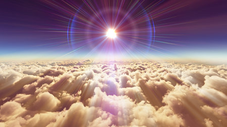 above clouds fly sunset sun ray illustration, 3d renderの写真素材