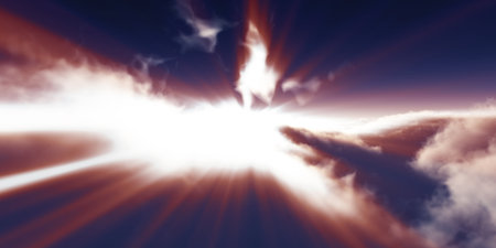 dream fly above clouds ray light, 3d rendering illustrationの写真素材