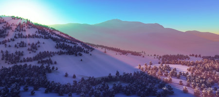 above winter forest mountain sunset 3D rendering illustrationの写真素材