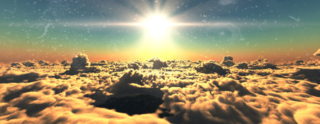 above clouds fly sunset sun ray illustration, 3d renderの写真素材