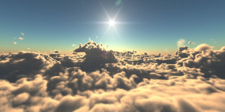 fly above clouds sunset landscape, 3d render illustrationの写真素材