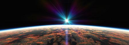 Earth sunrise from space over cloudy ocean. 3d rendering illustrationの写真素材
