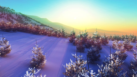 above winter forest mountain sunset 3D rendering illustrationの写真素材