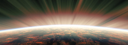 sunrise from space aurora, 3d rendering illustrationの写真素材