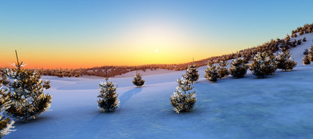 above winter forest mountain sunset 3D rendering illustrationの写真素材