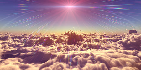 fly above clouds sunset landscape, 3d render illustrationの写真素材
