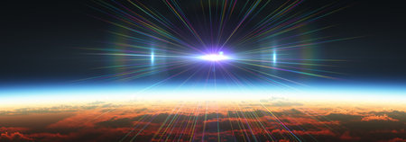 Earth sunrise from space over cloudy ocean. 3d rendering illustrationの写真素材