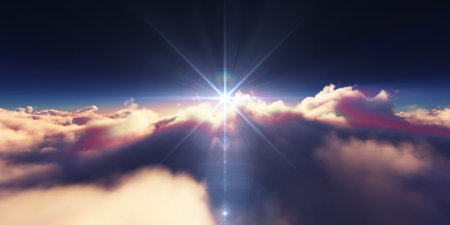 above clouds sunrise sun ray illustration, 3d renderingの写真素材
