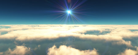 fly above clouds sunset landscape. 3d render illustrationの写真素材