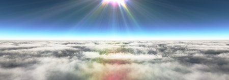 Above clouds sun ray, 3d rendering illustrationの写真素材