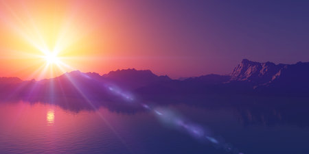 above islands in sea sunset, illustration 3d renderingの写真素材
