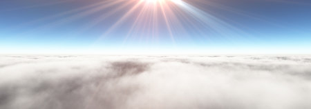 Above clouds sun ray, 3d rendering illustrationの写真素材