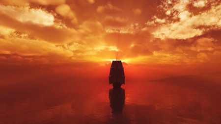 old ship at sea sunset, 3d render illustrationの写真素材