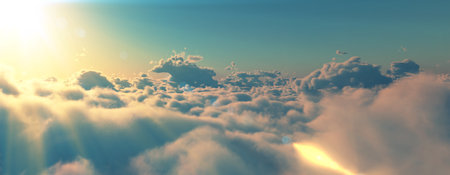 above clouds fly sunset sun ray illustration, 3d renderの写真素材