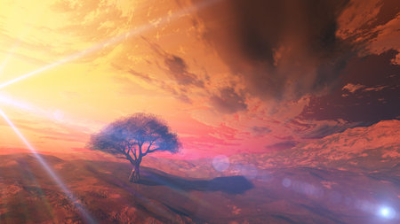 sunset at meadow and lonely tree, 3d render illustrationの写真素材