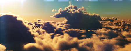 above clouds fly sunset sun ray illustration, 3d renderの写真素材
