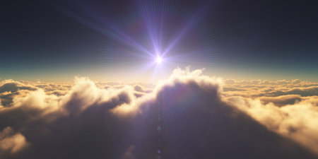 above clouds sunrise sun ray illustration, 3d renderingの写真素材